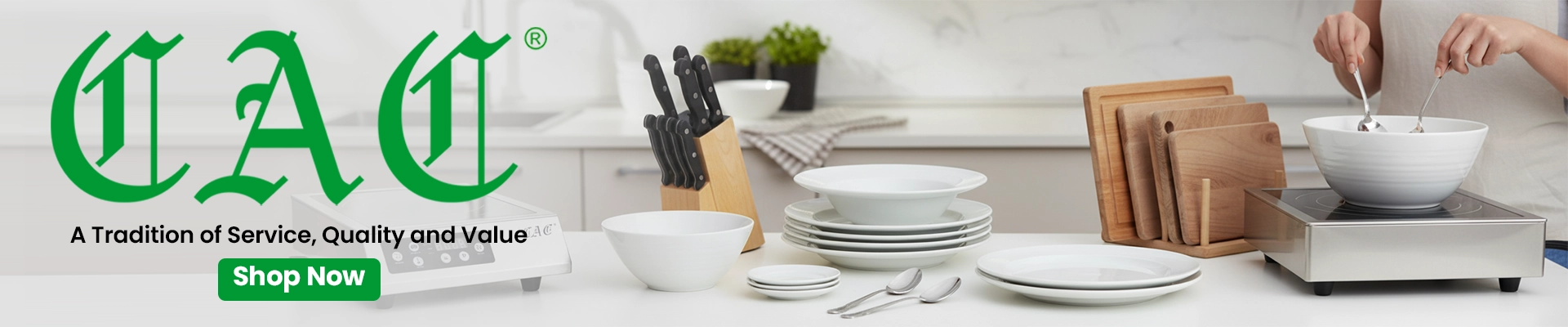 CAC China banner featuring commercial dinnerware including plates, bowls, cups, and serveware in various styles with brand logo on green background.